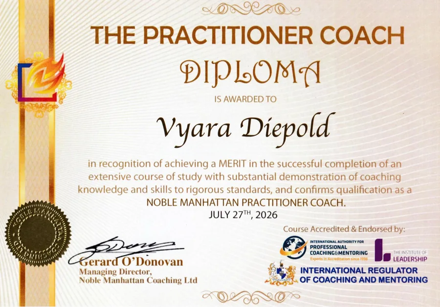 Practitioner Coach Diploma awarded to Vyara Diepold with Merit, Noble Manhattan Coaching, July 2026